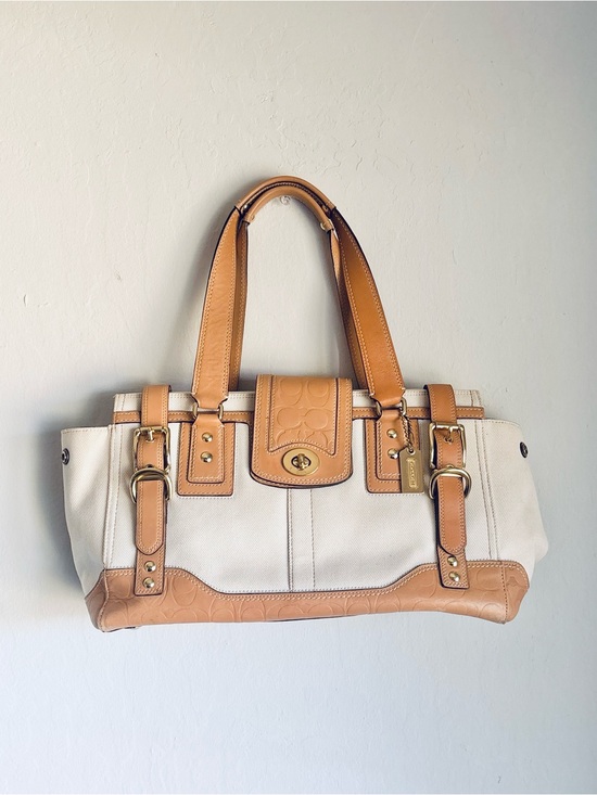 Coach Handbags - Coach Hamptons Miranda Carryall Shoulder Bag Ivory Tan Canvas Leather #F11958